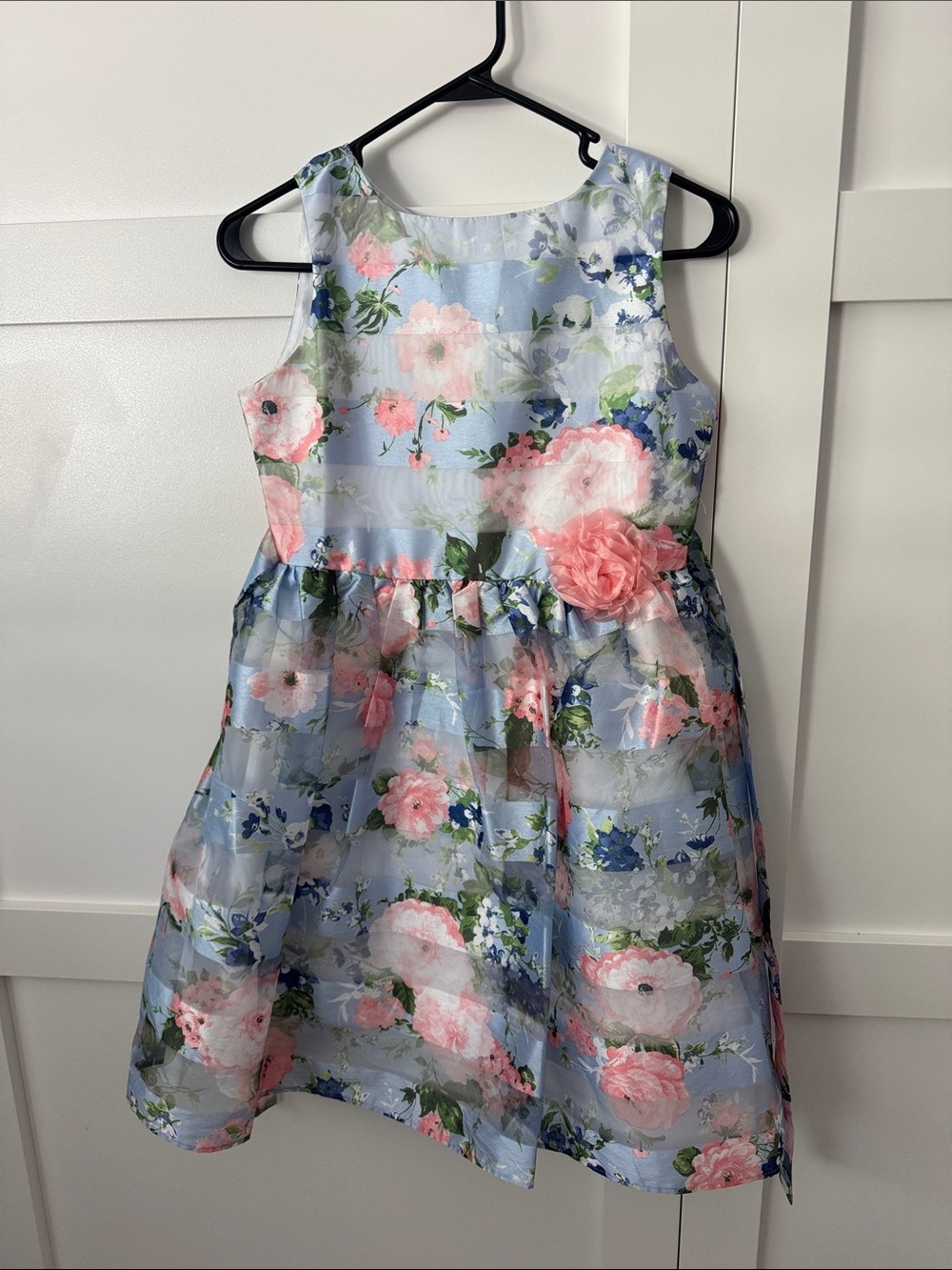 Jona Michelle Blue Floral Organza Dress with Pink Rosette